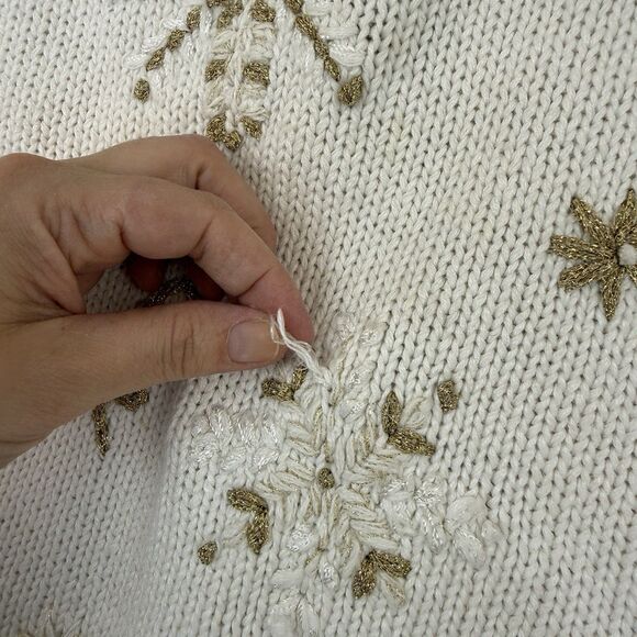 Vtg Snowflake Sweater XL Cream Gold Metallic Woven Knit Holiday Winter Grandma - Picture 5 of 15
